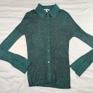 COS Sparkly Ribbed-Knit Shirt Top Womens Size M Green Metallic Long Sleeve *READ